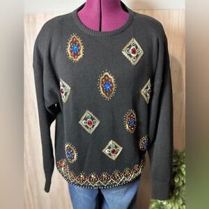 Victoria Harbour Beaded Egyptian Jeweled Elegant Embellished Black Sweater